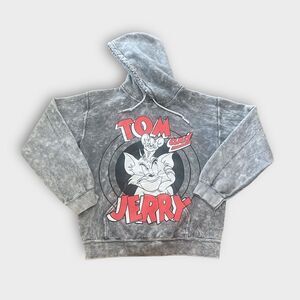 Tom and Jerry Tie-Dye Hoodie Size S Gray White Double-Sided Graphic Sweatshirt